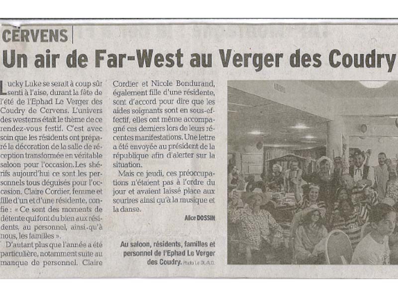 Photo de l'article de journal paru sur la journée Far West organisée à l'Ehpad Le Verger des Coudry, établissement pour personnes âgées géré par l'association Odélia